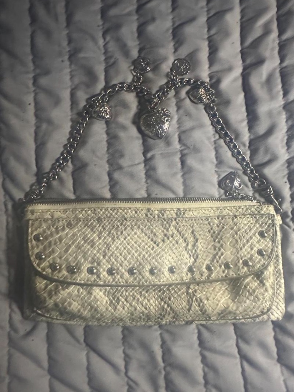 Silver Snakeskin-Texture Chain Wristlet with Heart Charms NWOT